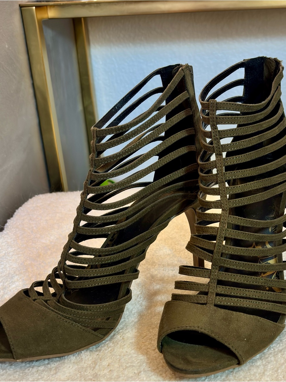 Brash Olive Suede Strappy High Heel Sandal - Picture 10 of 14